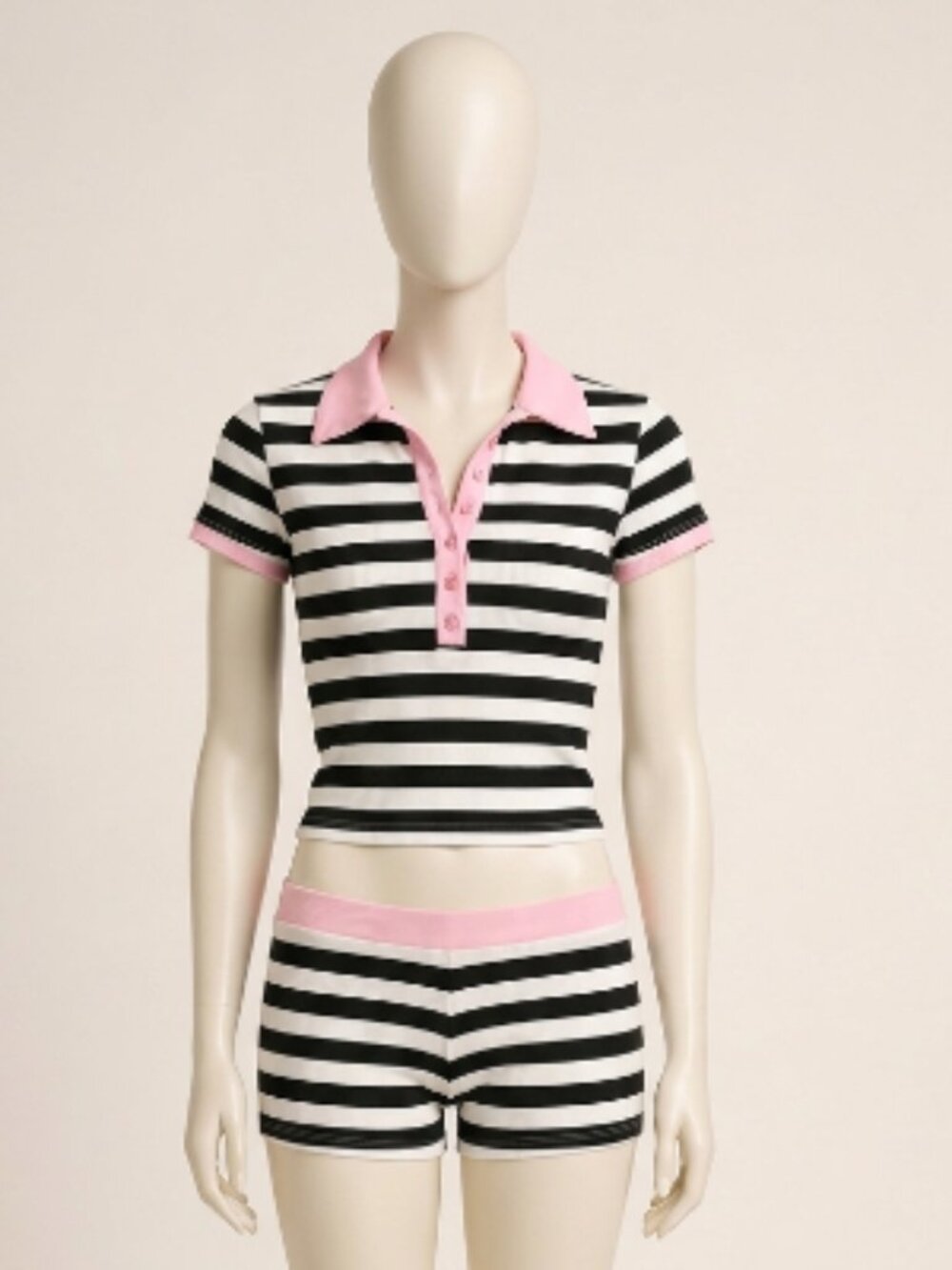 ChicVibe Fashion Striped Top Shorts Set Black White Pink M Collared 2 Piece